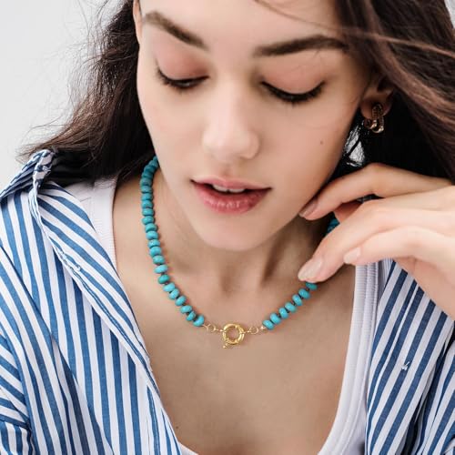 KissYan Beaded Gemstone Necklace for Women, Natural Stone Beach bead Necklace, 18" Boho Summer Handmade Jewelry Gifts - color: Turquoise
