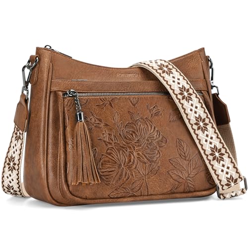 Crossbody Bags for Women, Vegan Leather Medium Crossbody Purse, Spacious Daily Travel Shoulder Bag with Boho Strap - color: Brown