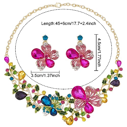SUPERFINDINGS 2Pcs Crystal Flower Necklace Earrings Set Wedding Brides Jewelry Sets Rhinestone Bib Statement Necklace Fashion Flower Dangle Stud Earrings Prom Party Jewelry for Woman