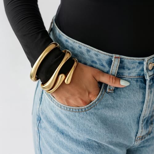 Chunky Gold Bangle Bracelets for Women Trendy 14K Gold Plated Cuff Bracelets Stack, Dainty Gold Bracelet Sets Non Tarnish Fashion Jewelry Gift - style: Gold-3pc-006