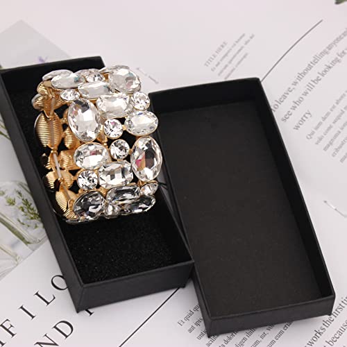 Women’s Wedding Bridal Crystal Leaf Flower Stretch Bangle Elastic Wide Bracelet Jewelry for Brides Bridesmaid - color: White-Gold Plated