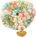Women Beaded Bracelet Set | Colorful Boho Stackable Trendy Design with Crystal Accents Multilayer Bangle Bracelet | Fashion Stretch Braclets Jewelry for Women - color: Light Green