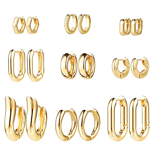 HILXURY Gold Chunky Hoop Earrings Set for Women, 14K Gold Plated Twisted Huggie Hoop Earring Hypoallergenic, Thick Open Hoops Set Lightweight - color: 9 Gold hoops