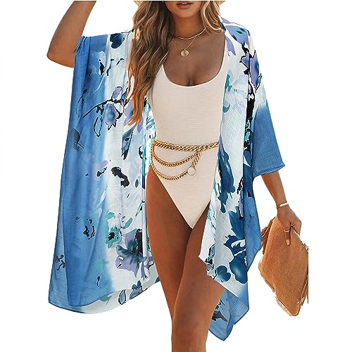 Kimonos for Women Casual Swimsuit Coverup Lightweight Boho Kimono Cardigans for Summer - color: Gradient Blue Flower