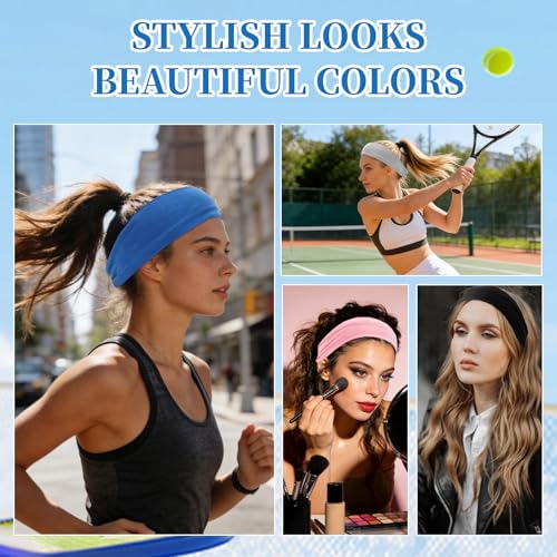 YARIEW 6Pcs Headbands Paisley Bandanas Head Bands Sweat Band Hair Wrap Headwrap Fashion Boho Wide Thick Workout Yoga Elastic Headbands Mens Cooling Running Sports Headband Sweatbands for Women and Men - color: Grey, Navy, Brown, White, Pink, Black