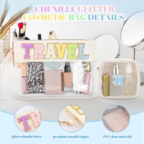 Hillban 2 Pcs Clear Travel Bags Chenille Letter Makeup Cosmetic Toiletry Bags Weekend Gifts Preppy Patch Zipper Pouch for Travel Waterproof Flat Portable Storage Purse for Women - style: Travel Theme
