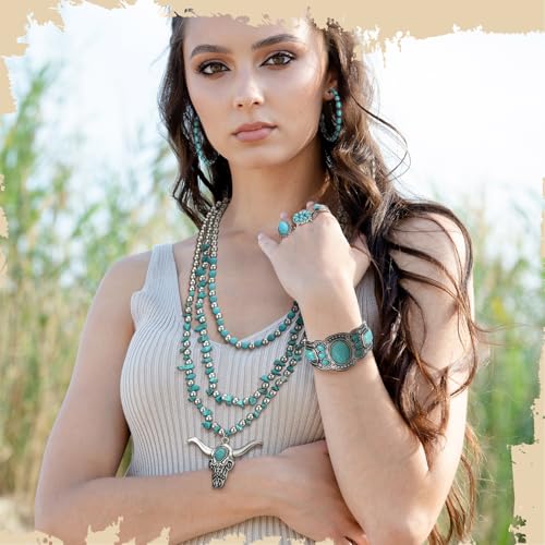 Ecally Bohemian Western Jewelry Turquoise Set Women Country Pendant Long Choker Layered Bracelets Earrings Ring for Women - color: Turquoise, style: Graceful