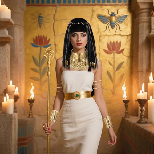Yunlly 6 Pcs Egyptian Queen Costume Set for Women Black Braided Wig Gold Snake Headpiece Bib Necklace Choker Set Face Veil Arm Cuffs for Halloween