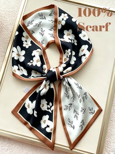 kcctoo 59" Mulberry Silk Like Head Scarf Women's Fashion Square Neck Satin Scarfs for Bag Hair Scarves Gift 59 * 5.9” - color: B005-black & White Camellia Silk Scarf