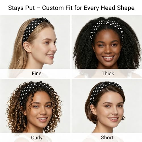 ZLYC Mulberry Silk Headband Elastic Twist Knotted Head Bands for Women's Hair, Polka Dots Black - color: Polka Dots Black