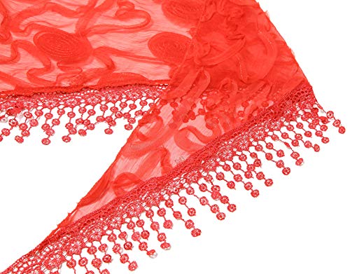 Cindy & Wendy Floral Embroidered Lace Triangle Scarf for Women - color: Red