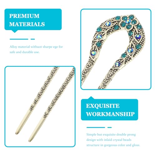 Lurrose Double Prong Hair Pin U Shaped Crystal Chignon HairPin Stick Hairstyle Accessory for Women Girls(Blue) - color: Blue