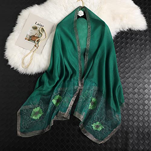 WINCESS YU Women Mulberry Silk Scarf Long & Large Embroidered Floral Pattern Shawl and Wraps Neckerchief for Hair & Neck - color: Sunflower Green