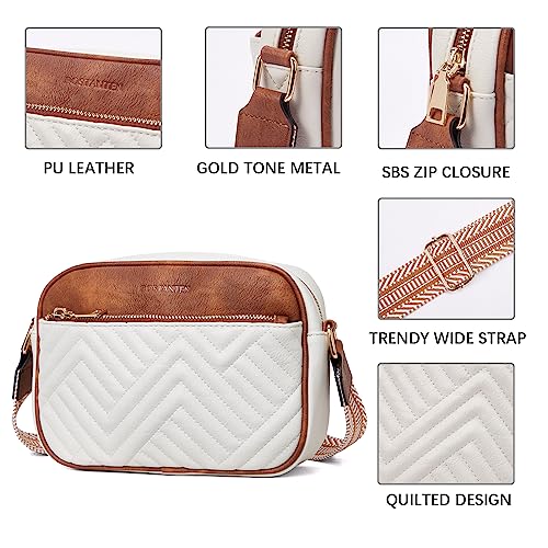 BOSTANTEN Quilted Crossbody Bags for Women Vegan Leather Purses Shoulder Handbags with Wide Strap - color: Beige With Brown