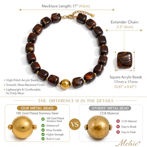 Mchic Colorful Beaded Choker Necklace for Women: Boho Large Square Acrylic Beaded Necklace Stainless Steel Adjustable Surfer Beach Strand Necklaces Summer Handmade Jewelry Gift for Women - color: Brown