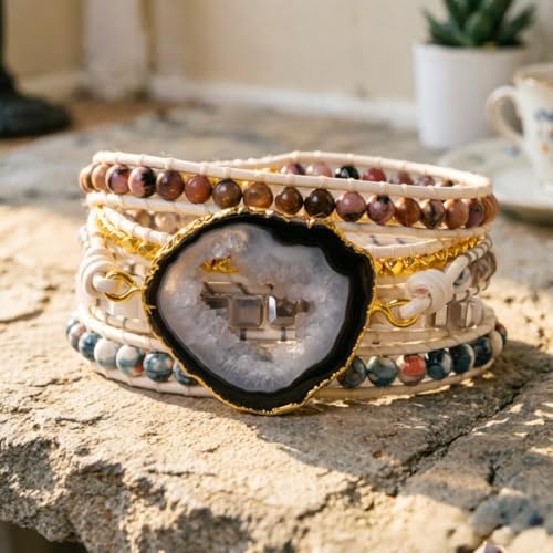YGLINE Natural Stone Beaded Healing Wax String 5 Wraps Bracelets - color: agate 1