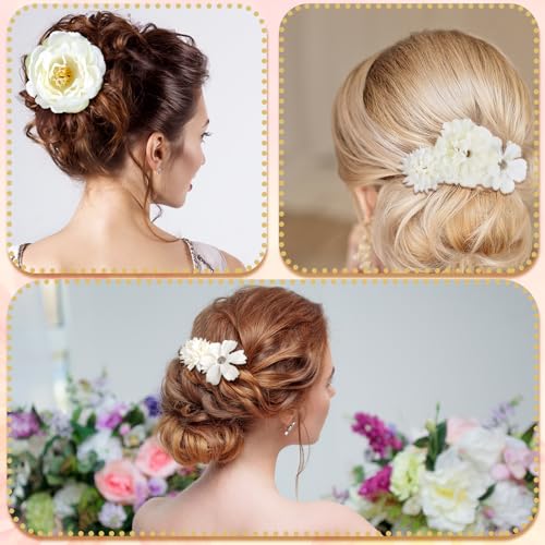 BBTO 21 Pcs Flower Hair Clip Rose Hair Clips Barrettes for Women Flower Accessories Boho Bride Claw Clip Hairpin Brooch Pin Headpiece for Wedding (White) - color: White