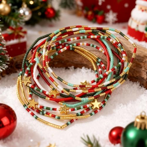 Dainty Gold Beaded Star Bracelets Stack for Women,Handmade Boho Colorful Beads Bracelet Fashion Prom Holiday Jewelry Gift Friendship Family - color: Christmas-3