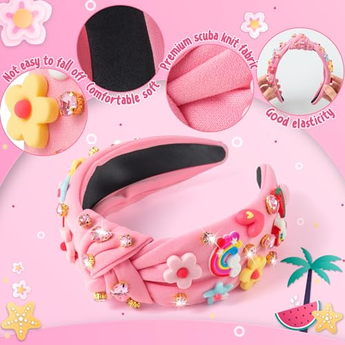 PANTIDE 4Pcs Floral Jeweled Knotted Headband - Rainbow Rhinestone Crystal Embellished Headband Wide Top Knot Fashion Hairband Hair Accessories Summer Birthday Back To School Gift for Women Girl (Pink) - color: Pink Floral 4Pcs