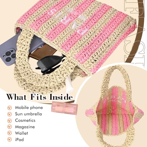 Straw Beach Bag for Women Summer Woven Tote Bag Packable Straw Purses and Handbags for Vacation Holiday - color: S-pink
