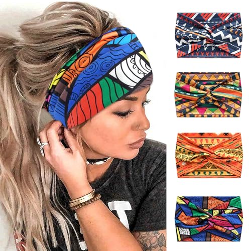 FULZTEY Wide Headband Boho Hair Bands African Style Turban Headbands Knotted Bandana Cute Hair Scarf Non Slip Sweatband Criss Cross Head Wraps For Women Teen Girls Yoga Running 4 Pcs - color: Style 144