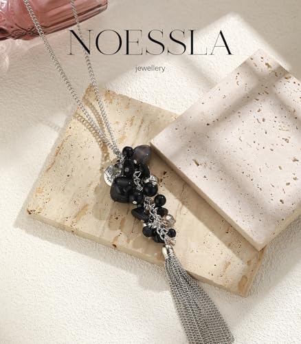 Noessla Boho Long Pendant Necklaces for Women Silver Tassel Long Necklace Sweater Chain Mothers Day Gifts Silver Costume Jewelry for Women - color: Black