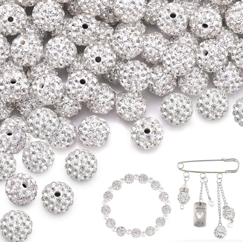 100 pcs 10mm Rhinestone Beads for Jewelry Making Crafting, White Shiny Round Disco Baseball Necklace Beads for DIY Shamballa Sparkle Crystal Clay Christmas Bracelet Earring - color: Crystal White, size: 10mm/100pcs