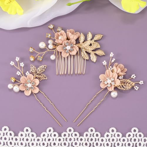 HINZIC 3pcs Flower Tassels Hairpin for Women, Non-Slip Pearl Hair Clips Headpiece, Retro Chinese Hanfu Wedding Brides Hair Accessories for Long Hair- Pink - color: Pink