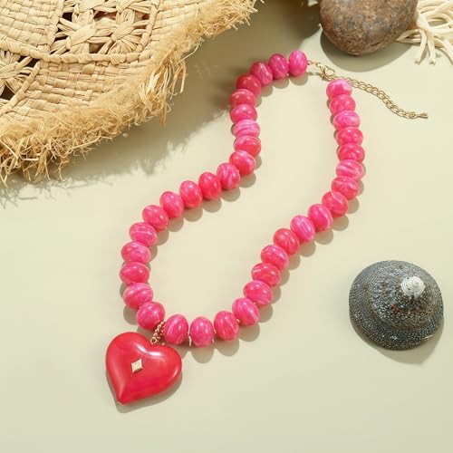 Elegance 11 designs Chunky Heart Necklace for Women, Colorful Acrylic Beaded Statement Puff Heart Necklace, Cute Boho Y2K Choker Necklace for Gift Jewelry - color: Rose