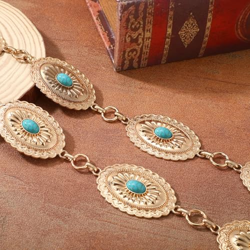 XZQTIVE Women Boho Chain Belts For Dresses Jeans Western Cowgirl Waist Links Belt Adjustable Metal Concho Belt - size: Fit Waist upto 36inches, style: Green Turquoise Matte Gold