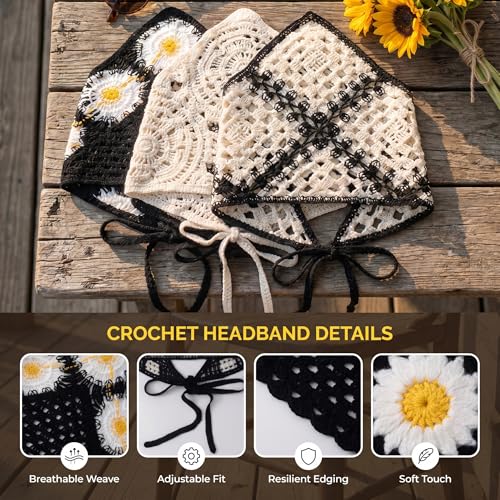 3 Pcs Daisy Crochet Bandana, Cute Bandanas for Women, Flowers Crochet Head Scarf, Floral Head Scarf for Women's Hair Styling Decor (3 Styles) - color: Beige,black,white-style3