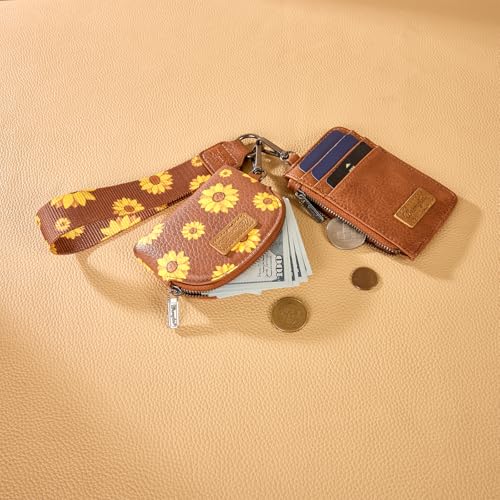 Wrangler KeyChain Wristlet Wallets for Women Sunflower Floral Dual Pouch Wristlet Western Credit Card Holder Wallet with Zipper Pocket - color: Sunflower Brown