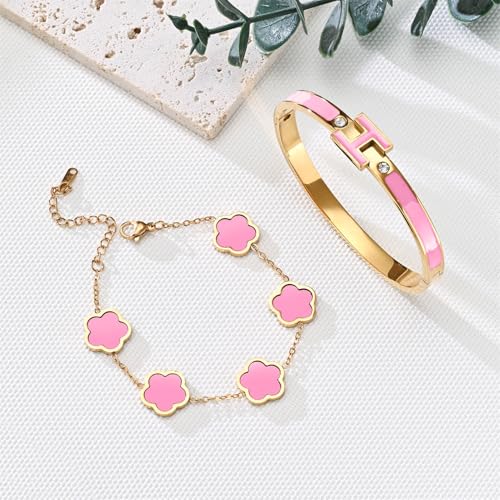 H Bangle & Clover Bracelet for Women - Stainless Steel Fashion Jewelry - 18K Gold Plated H Bangle and Lucky Five Leaf Clover Bracelet - Elegant Bracelets Set - Gift for Women - color: Gold-Pink Set