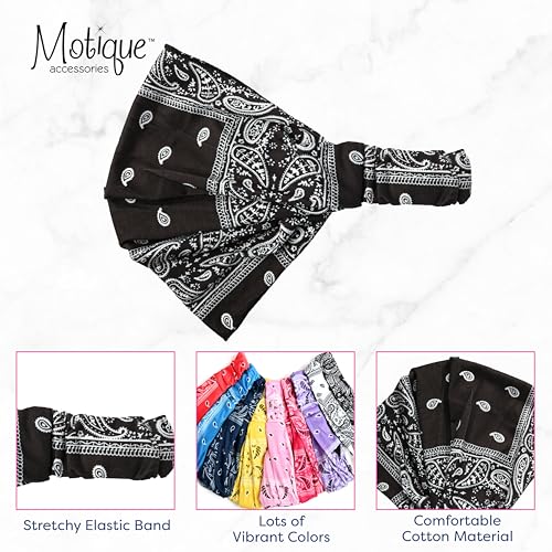 Motique Accessories Wide and Stretchy Cotton Bandana Headwrap, Multiple Colors (Black Paisley, Medium) - color: Black Paisley