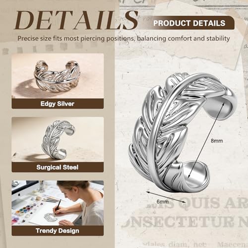 Gothic Ear Cuffs Helix Cartilage Clip on Goth Ear Cuff Stainless Steel Hypoallergenic Earrings for Women Men Non Piercing Gold & Silver Fake Earring Lightweight Punk Jewelry Gift - color: K8-Silver Leaf Design