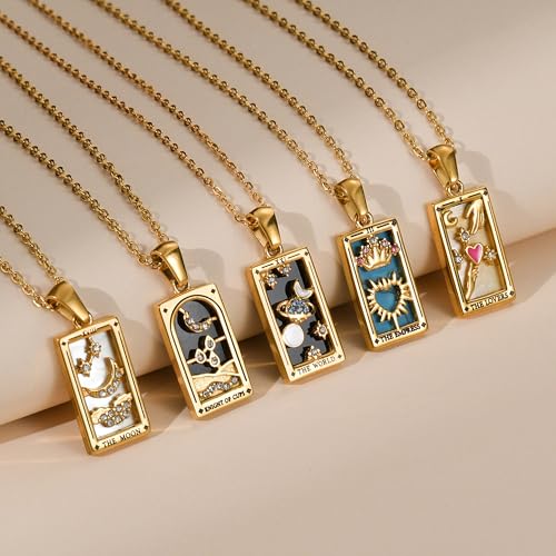 Gold Tarot Card Necklace for Women Men, Non Tarnish 18K Gold Plated Vintage Lucky Charm Square Pendant Talisman Amulet Necklaces Unisex Jewelry - style: Temperence