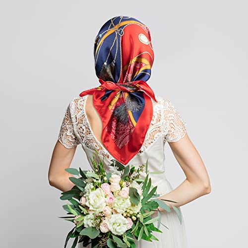 NZKNP Silk-Like Head Scarf - Women's Bandana Wraps - color: 3-navy and Red Chain, size: 35"*35"