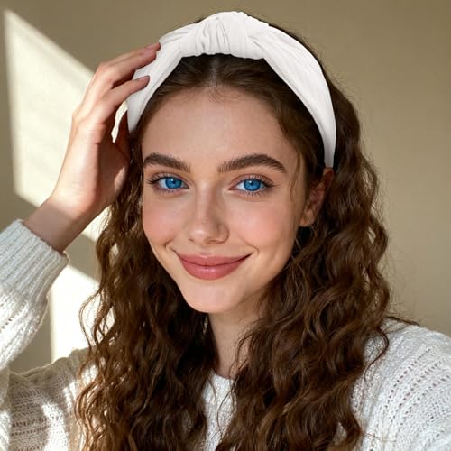 YISSION Wide Knotted Headbands for Women Non Slip Head Band White Headband Fashion Top Knot Hairband Hair Accessories for Women Girls - color: White