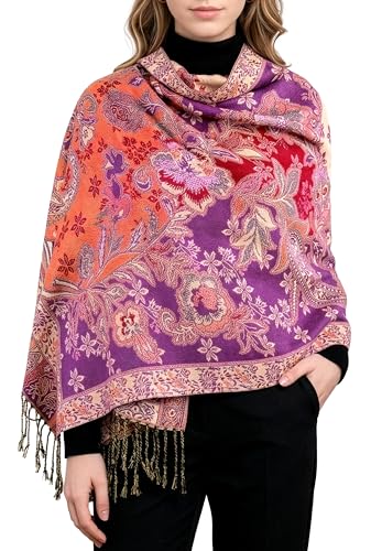 Achillea Elegant Paisley Floral Pashmina Shawl and Wrap – Boho Rave Scarf for Festival, Travel & Everyday Wear - color: Purple Red