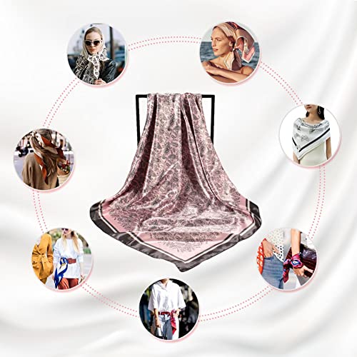 4Pcs Silk Head Scarves for Women Satin Hair Scarf 35”Large Square Bandana Silk Like Neck Scarf Shawl - color: Beige/Black/Pink/Green