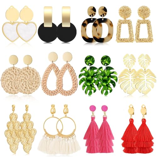 12 Pairs Boho Statement Earrings Set for Women: Rattan Tassel Acrylic Earrings