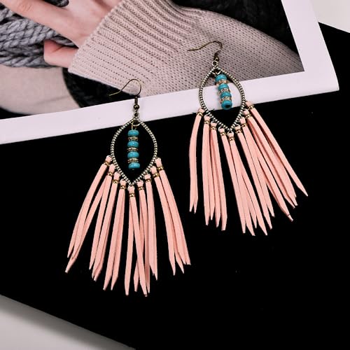 Long Bohemian Fringe Leather Earrrings Handmade Tassel Earrings with Turquoise Christmas Long Dangle Earrings for Women rodeo jewelry - color: 8