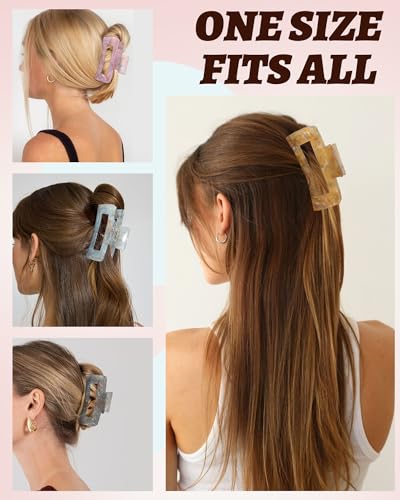 4Pcs Large Acrylic Hair Claw Clips, Nonslip Cute Hair Clips for Thick Hair and Long Hair, Rectangle Marble Claw Clips Hair Accessories for Women and Girls - color: Pink + Gray + Yellow + Cyan