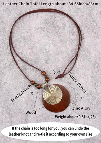 Kelake Leather Necklace for Women Men Teen Vinatge Boho Alloy Pendant Choker Jewelry Fashion Sweater Necklaces with Adjustable Genuine Leather Chain - color: Brown Wood & Gold 2 Layers Round Pendant