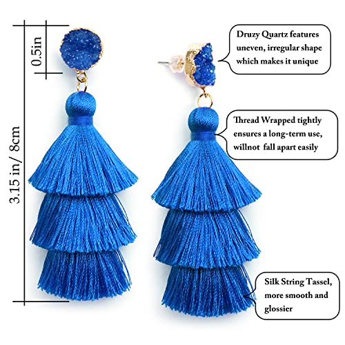 Me&Hz Colorful Layered Tassel Earrings Bohemian Statement Tiered Tassel Big Dangle Drop Earrings for Women Druzy Studs Valentine’s Day Gift - color: Blue