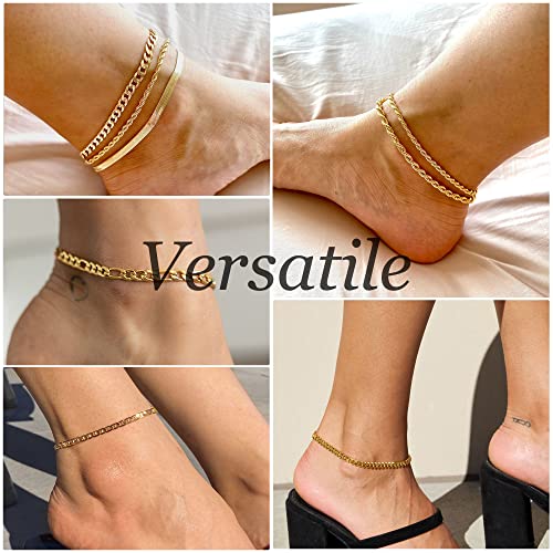 DEARMAY 14K Gold Plated Ankle Bracelets for Women Waterproof - Dainty 6Pcs Anklets Layered Cuban Link Chain Herringbone Cute Anklets Set Pack Summer Beach Jewelry Gift for Women Teen - color: Gold Anklet D