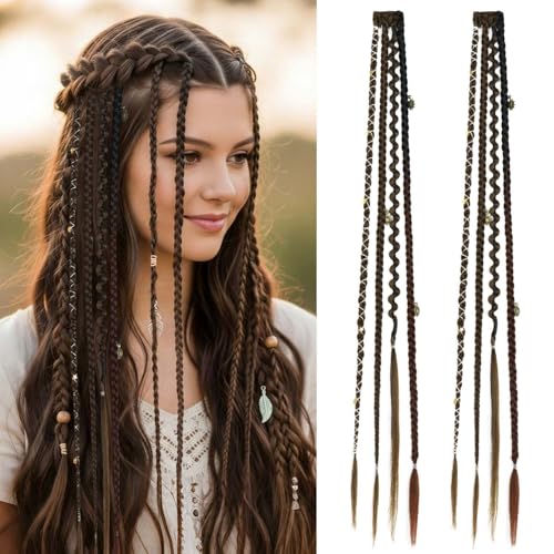 2PCS Boho Dreadlock Clip In Braids with Charms and Beads, Handmade Dreadlock Braids Hair Extensions Synthetic Braided Hairpieces for Women (Light Brown Mix 20 Inch) - color: Light Brown Mix, size: 20 Inch