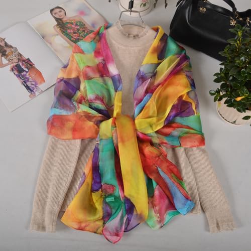 100% Mulberry Silk Women's Neck Silk Scarf-Lightweight Shawl,FLoral Print Beach Silk Wrap-Scarves for Photography - color: Rainbow-color