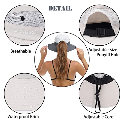 Womens Summer Sun Hat Beach Hat Wide Brim Outdoor UV Protection Hat Foldable Cool Mesh Ponytail Bucket Hat - color: Beige