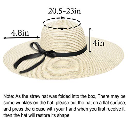 Double Couple Womens Straw Hat Wide Brim Floppy Beach Sun Hat for Women UPF 50+ Adjustable Strap Vacation - color: Bowknot&light Khaki